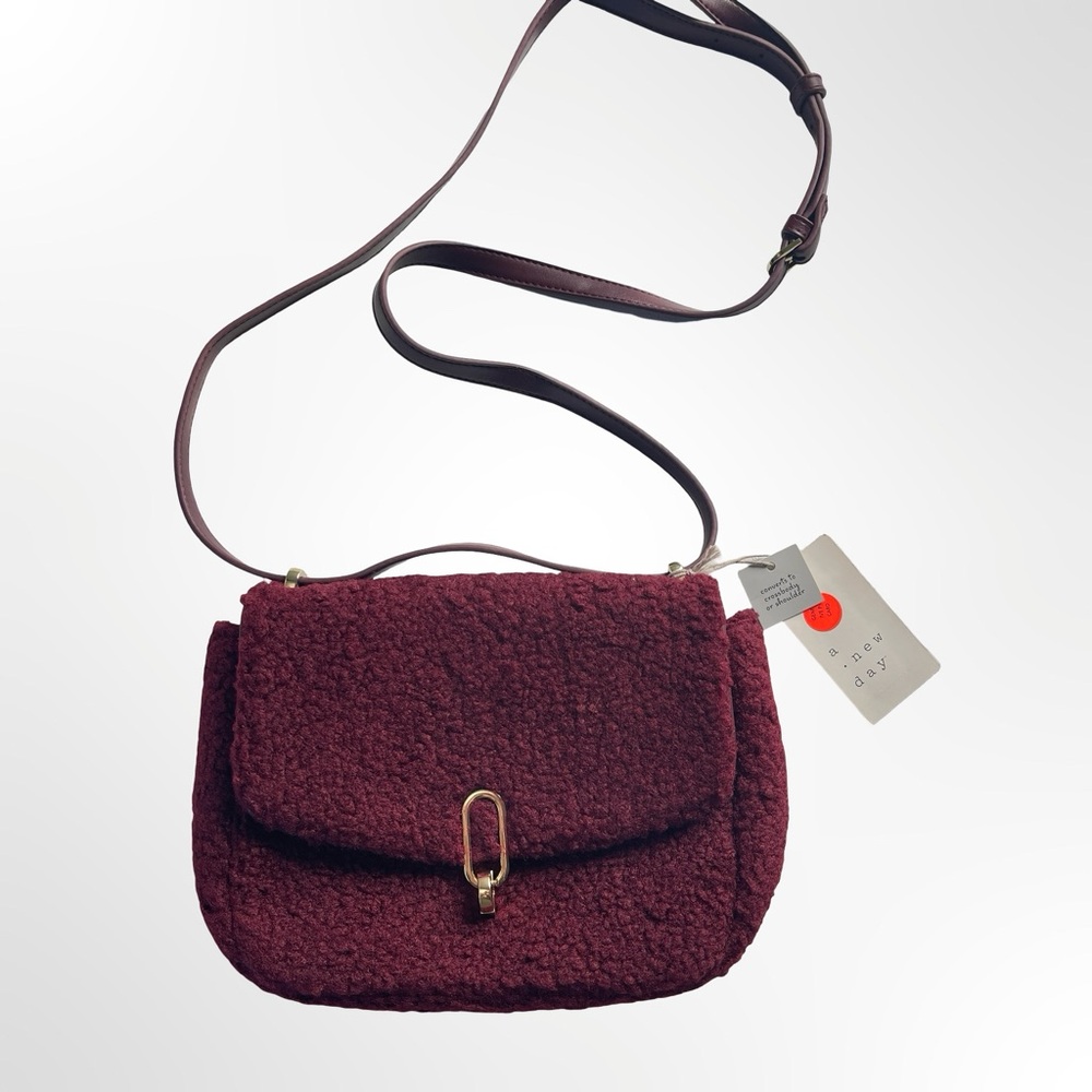 A New Day Burgundy Sherpa Crossbody Bag NWT